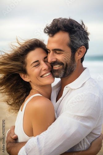 Happy Couple Embracing on Beach photo