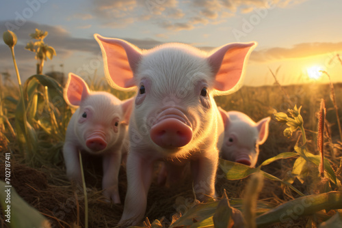 Cute piglets on a outside in a field during sunset