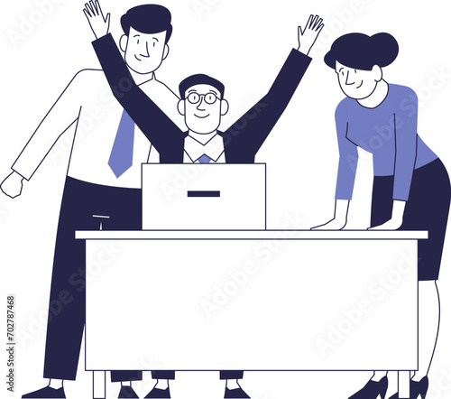 Illustration of a successful project in an office. Business team rejoices at success.