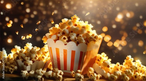 popcorn, Popcorn hanging in the air. Snack making.Slow Motion Shot of Fresh Fluffy Popcorn Flying photo