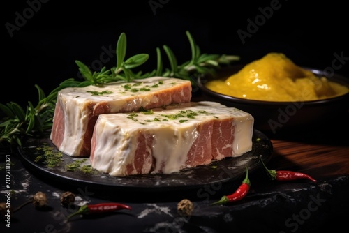  a couple of pieces of meat sitting on top of a plate next to a bowl of mustard and some green leaves.