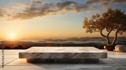 Empty Square Marble Table Top Podium in Morning Light Perfect for Advertising Products with a Blurred Background for Mockups and Presentations, Moch-up, Space for Adding Text © khwanrudi
