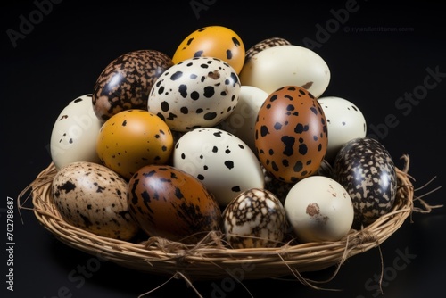  a basket filled with different colored eggs on top of a black counter top next to a pile of brown, white, and black speckled eggs.
