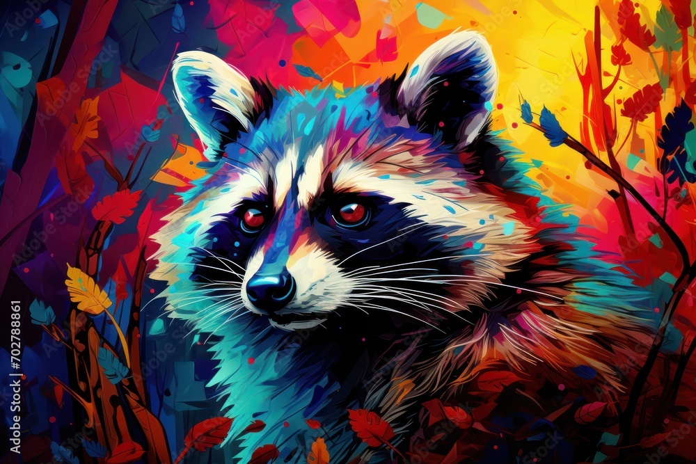  a painting of a raccoon in a forest with colorful leaves on it's sides and a red, yellow, blue, green, and orange background.