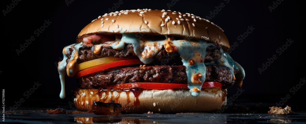 Tasty homemade beef burger close up food photography on dark background Tasty homemade beef burger close up food photography on dark background