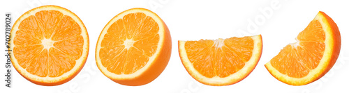 half orange fruit and slices isolated, Orange fruit macro studio photo, transparent PNG, collection, PNG format, cut out