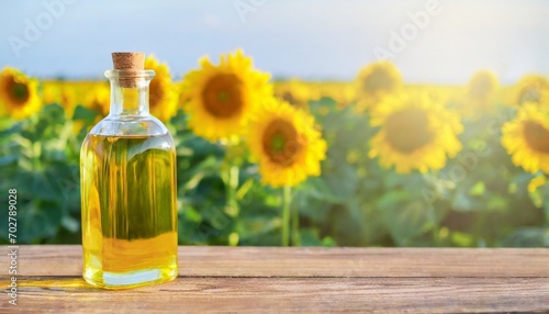 bottle of oil stands on a wooden table on of a field of sunflowers at background banner with copy space