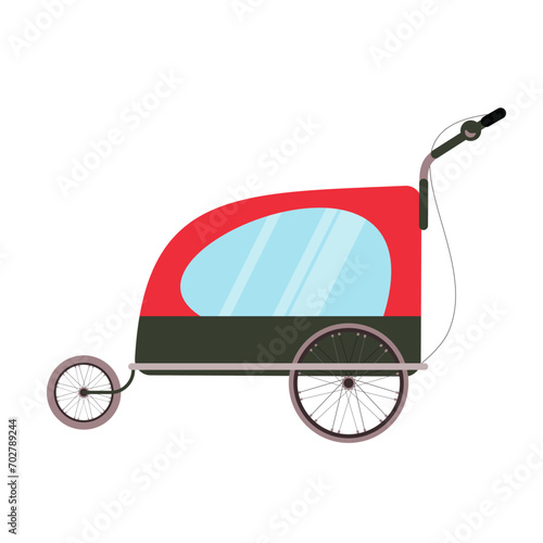 Red bicycle trailer for children and pets cats, dogs isolated on white background. Vector illustration in flat style.
