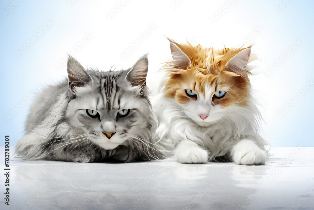 Two fluffy cats stands together looking into camera