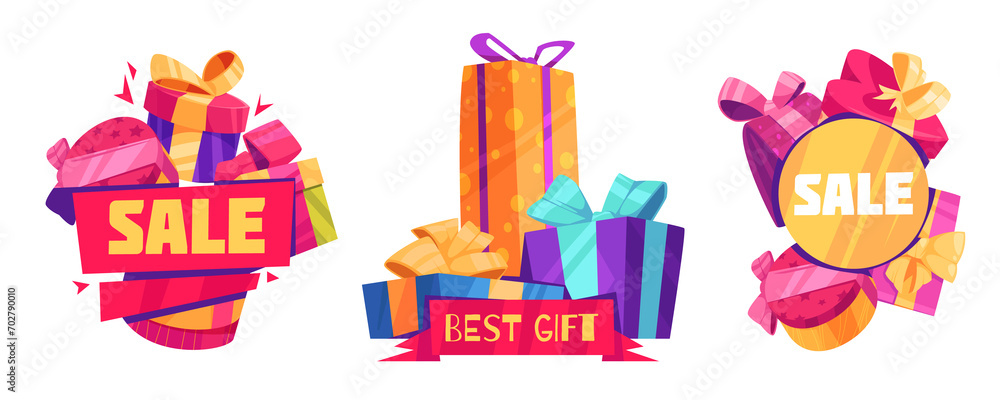 Hand drawn flat cartoon gift mini composition collection with gift boxes and ribbon Hand drawn flat cartoon gift mini composition collection with gift boxes and ribbon