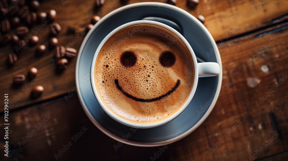 Cup of coffee with foam and smile, top view. cofee bean, on wooden background - obrazy, fototapety, plakaty 