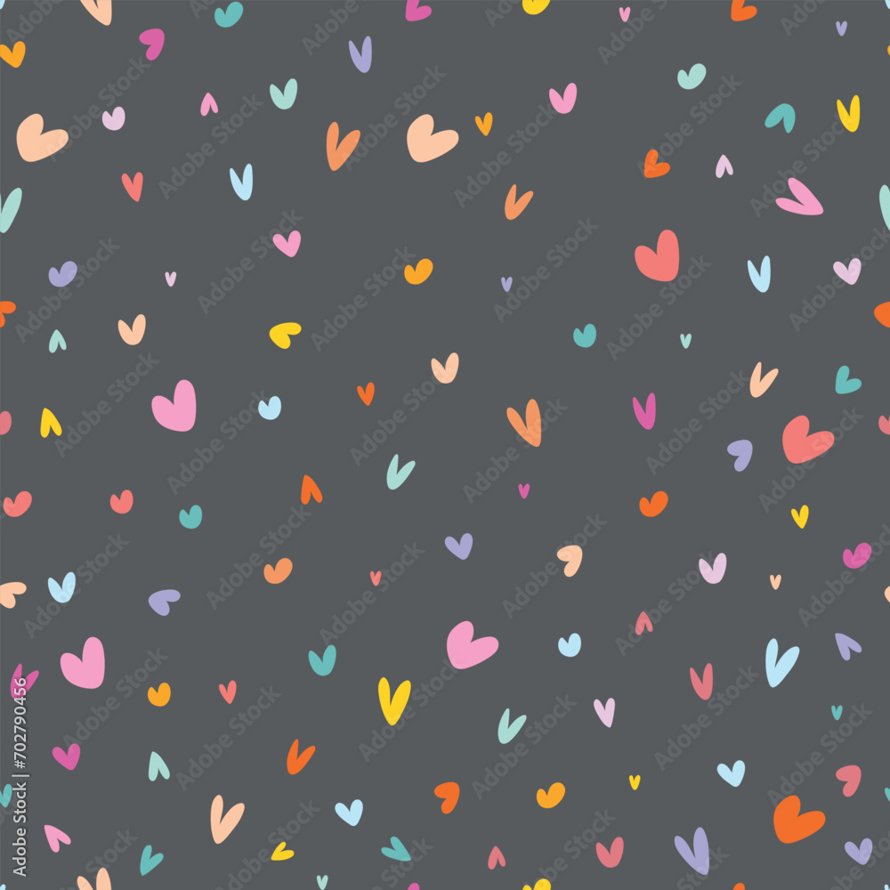 Seamless pattern with small colorful hearts on dark background, Valentines day pattern. Vector.