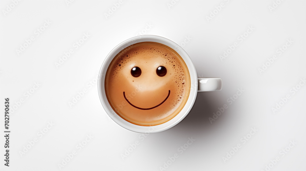 Cup of coffee with foam and smile, top view. cofee bean, on white background Cup of coffee with foam and smile, top view. cofee bean, on white background
