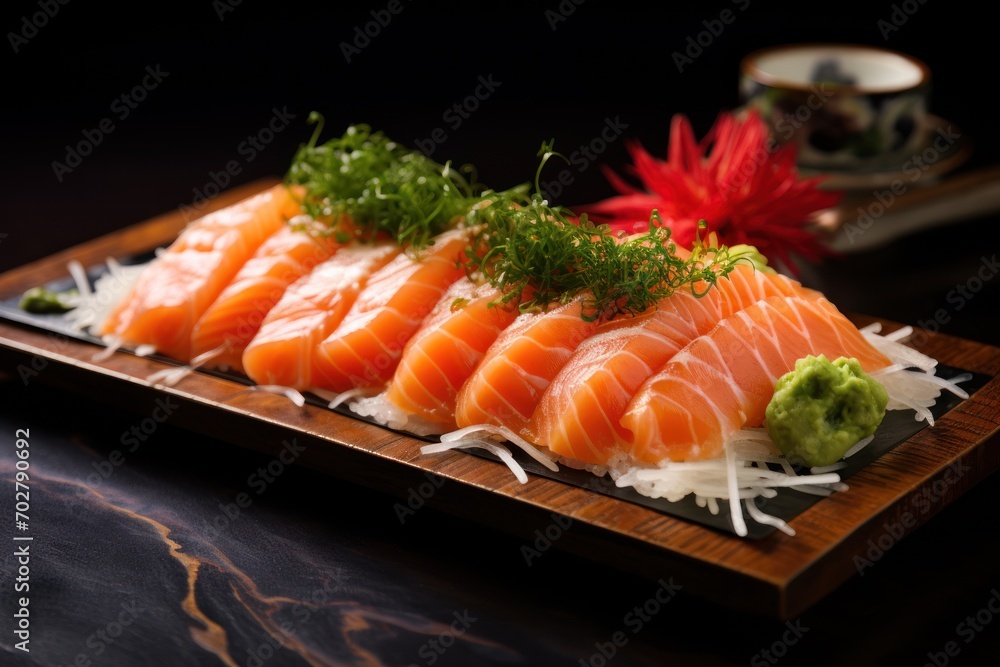 a plate of sushi with garnishes and a garnish garnish on the side. a plate of sushi with garnishes and a garnish garnish on the side.