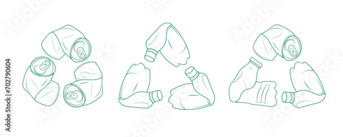 Bundle set recycle, reuse, renew icon made from outline used bottle and soft drink can shape in triangle, for ecology, recycle, green symbol