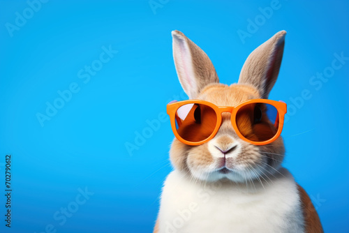 Portrait of cool Easter Bunny rabbit with pink sunglasses on a gradient plain studio background with Empty space place for text, copy paste. Spring holiday celebration concept. © Valeriia