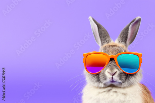 Spring holiday celebration concept. Portrait of cool Easter Bunny rabbit with pink sunglasses on a gradient plain studio background with Empty space place for text, copy paste