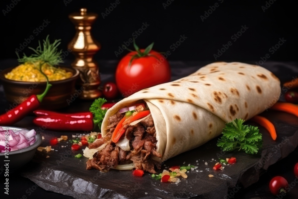 a close up of a burrito on a cutting board with a bowl of vegetables and a plate of food in the background. a close up of a burrito on a cutting board with a bowl of vegetables and a plate of food in the background.