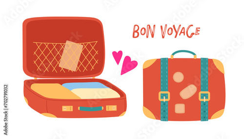 Open suitcase full of belongings and closed suitcase in old style. Red suitcase for travel and business trips tourism, voyage or vacation isolated. Flat vector illustration of traveler's luggage