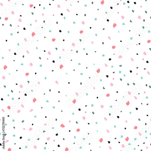 Seamless pattern with spots, dots, confetti on white backgrouns. For wrapping paper, decoration, birthday party. Vector