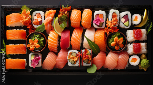 A plate full of delicious sushi, top-view
