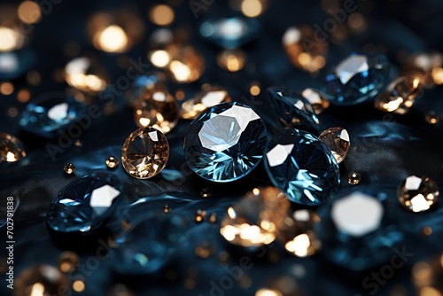  a close up of a bunch of diamonds on a black surface with lots of light shining on the top of them.