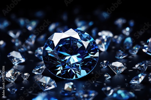  a close up of a blue diamond surrounded by diamonds on a black background with a reflection of the diamond in the center of the image. photo
