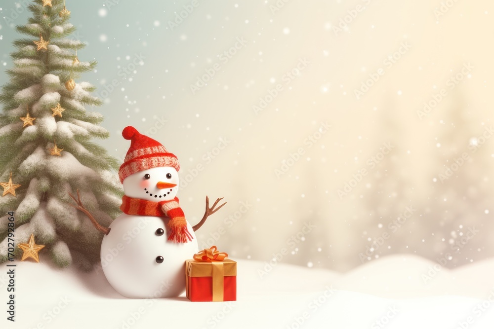  a snowman with a red hat and scarf next to a christmas tree with a gift box in front of it.