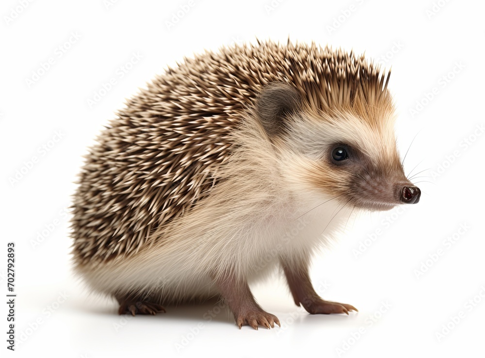 Obraz premium A hedgehog standing on all fours, looking to the side against a white background.