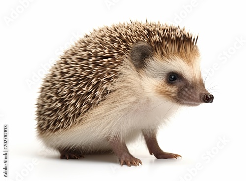 A hedgehog standing on all fours, looking to the side against a white background.