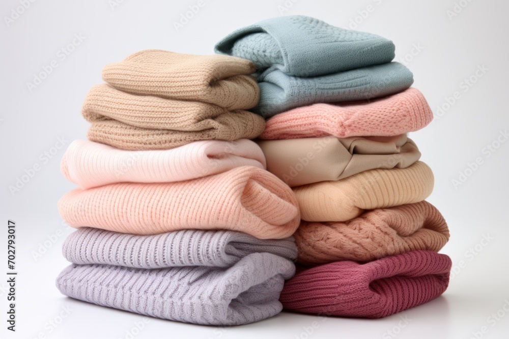  a stack of folded sweaters and a pile of folded sweaters and a pile of folded sweaters on a white background.
