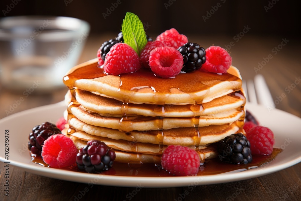 a stack of pancakes with syrup, raspberries, and syrup on a plate next to a glass of water. a stack of pancakes with syrup, raspberries, and syrup on a plate next to a glass of water.