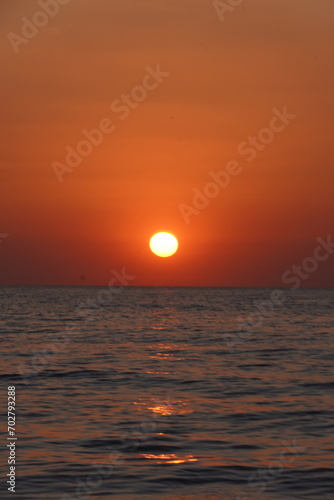  orange sunset over the green sea