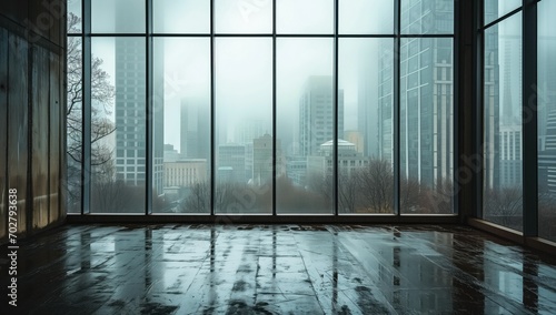 Misty cityscape viewed through a large  transparent window. The dream-like haze creates an ethereal atmosphere with warm  diffused light illuminating the buildings and streets