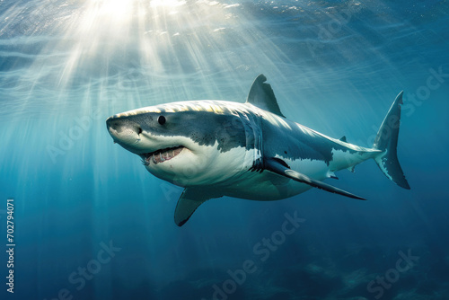 A great white shark gliding majestically through the clear blue depths of the ocean © Veniamin Kraskov
