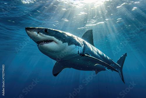 A great white shark gliding majestically through the clear blue depths of the ocean