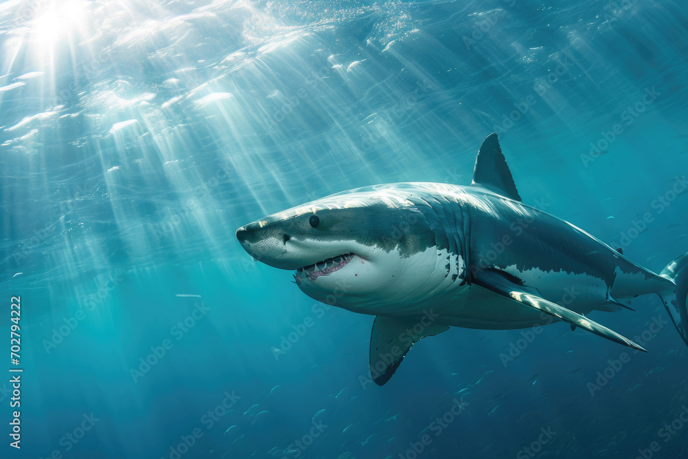 A great white shark gliding majestically through the clear blue depths of the ocean