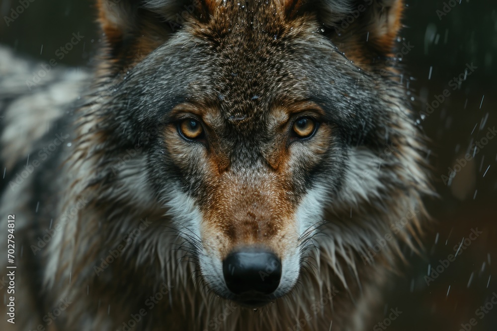 Portrait of a wolf in rain 