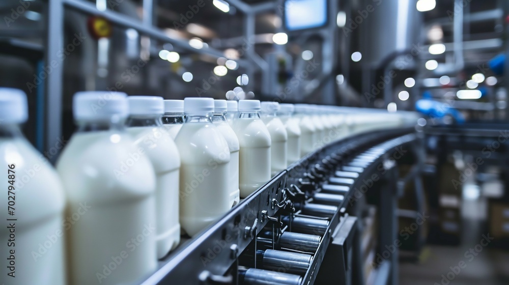 Obraz premium Dairy Production Line with Bottled Milk. Generative ai