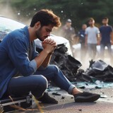 A person sits near a car crash, reflecting and praying amidst the wreckage and onlookers.