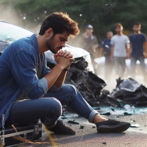 A person sits near a car crash, reflecting and praying amidst the wreckage and onlookers. photo