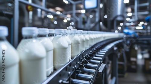 Dairy Production Line with Bottled Milk. Generative ai photo