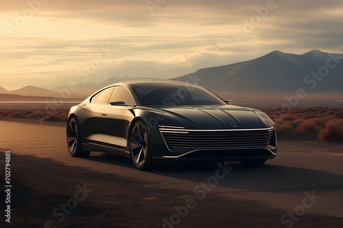 car in the desert on a road - electric car, elegant, modern,black car - ai generated