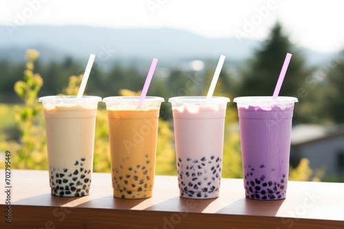  a row of four iced drinks sitting on top of a wooden table in front of a window with a mountain in the background.