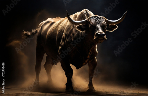 charging bull dust backlit photographic super on black background.