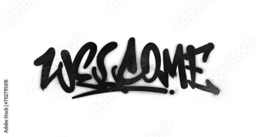 Word ‘Welcome’ written in graffiti-style lettering with spray paint effect isolated on transparent background
