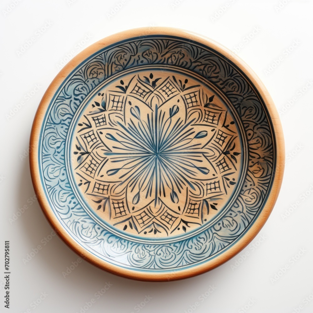 Fototapeta premium Decorative Moroccan ceramic hand painted plate, handmade, isolated, closeup top view.