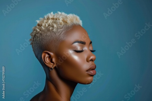 A full body black stunning woman with short cut hairstyle, her hair color is blonde,