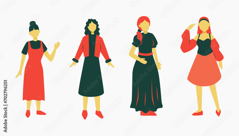 Set of girls with various stylish cute girly outfit for dating. faceless full body figure design elements for fashion or beauty poster and banner.