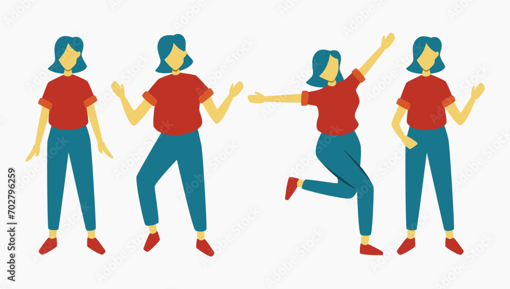 Set of girl with red t-shirt and short blue hair standing in many position and expression. faceless full body figure design elements for corporate poster and banner.
